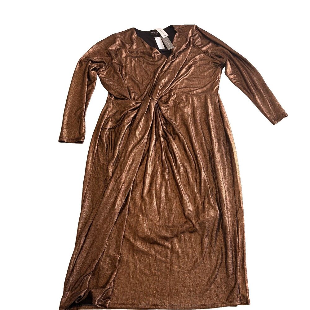 NWT Lane Bryant Shimmer Foiled Faux-Wrap Twist Midi Dress Bronze Plus Size 26/28